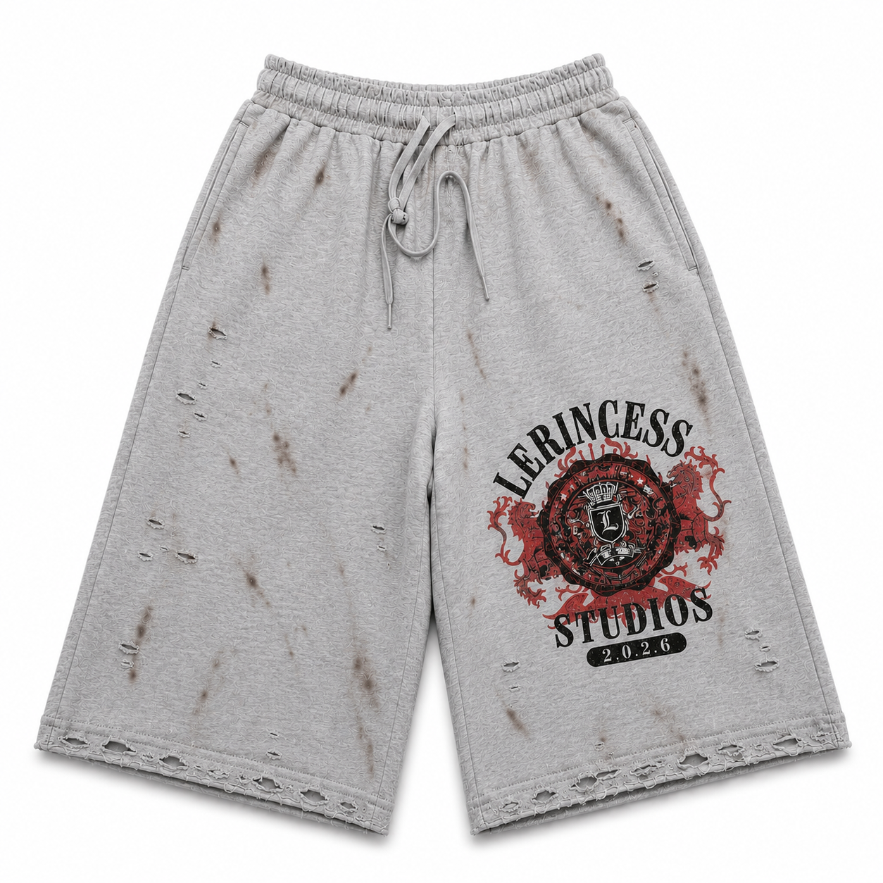 LERINCESS 3/4 Studios Burnt Distressed Sweat Shorts – Light Grey